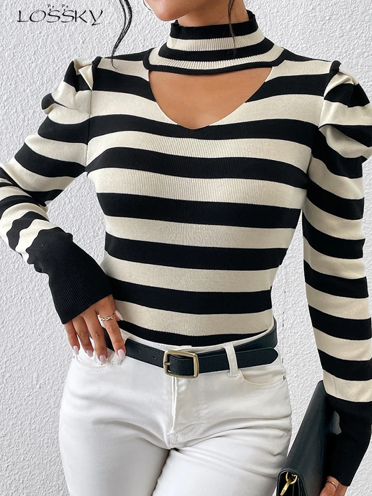 

Autumn Winter Women's Turtleneck Sweater Fashion Hollow Puff Sleeve Top Casual Striped Pullovers Elegant New In Knitwears 2023