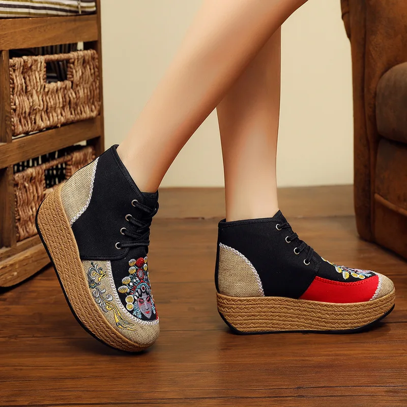 

2022 Retro Women Linen Cotton Fabric Embroidered Short Ankle Platform Boots Comfortable Ladies Lace Up Booties Winter Shoes