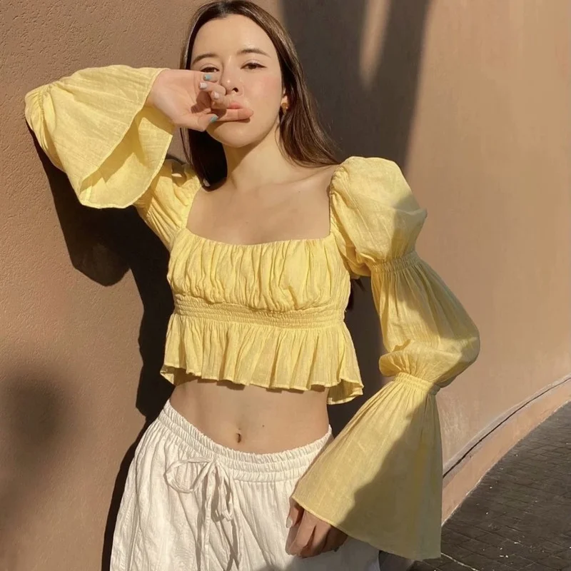 

Модная женская летняя облегающая футболка с длинным рукавом и квадратным вырезом, с оборками, в пупок, приталенная короткая женская футболк...