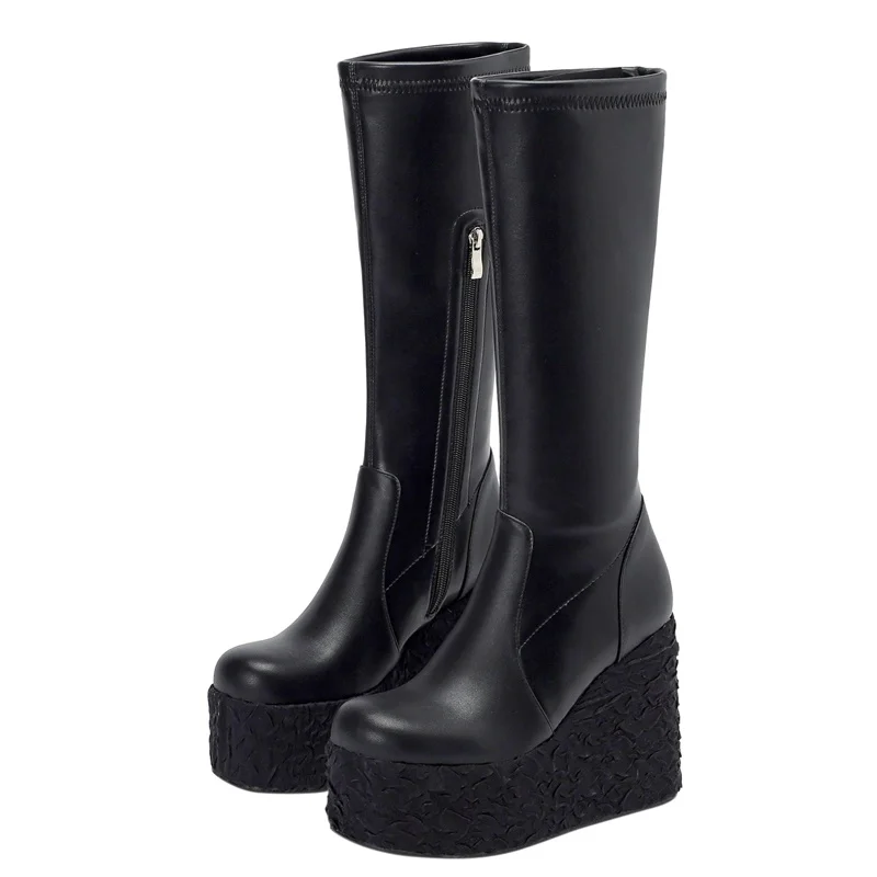

elasticity microfiber knee high boots ladies short boots autumn winter platform women wedges winter warm snow boots shoes woman