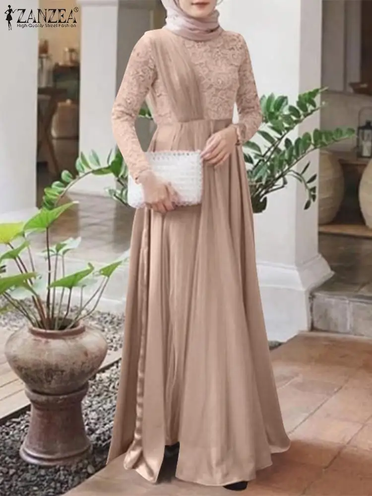 Платье ZANZEA женское кружевное в мусульманском стиле, элегантный длинный сарафан в стиле пэчворк, хиджаб, джилбаб, одежда для весны