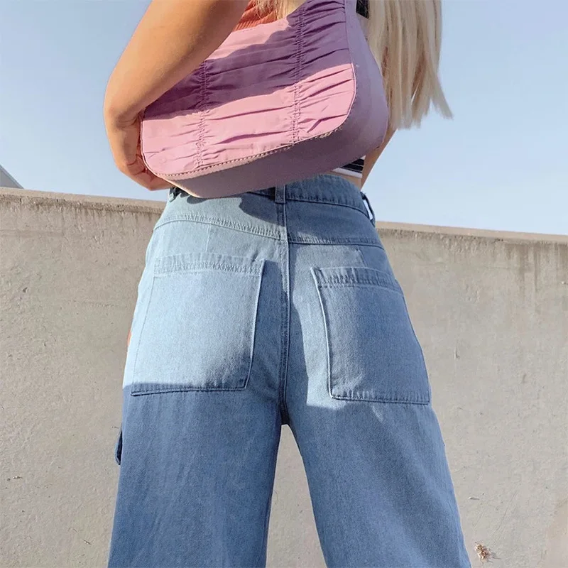 Women 90s Y2K Patchwork Wide Leg Mom Jeans Big Pocket Cargo Pants Vintage Mopping Pants Casual Streetwear Boyfriend Denim Jeans