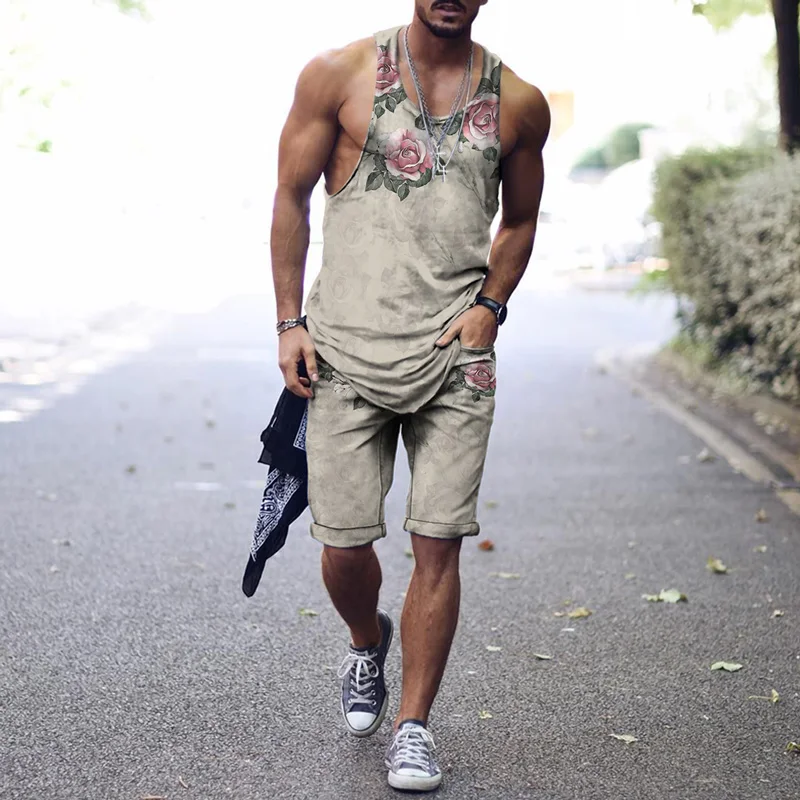 Men's Sleeveless Vest Suit Summer New Fashion Brand Tops + Shorts Two Piece Retro Flower Harajuku 3D Printing Fitness Sportswear