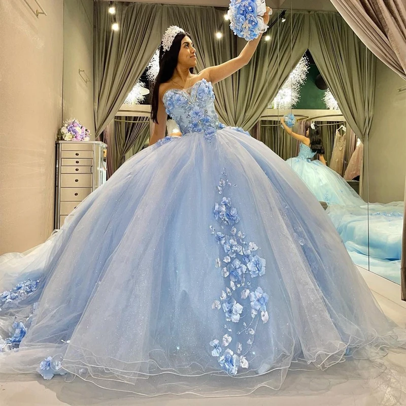 

ANGELSBRIDEP Sky Blue Quinceanera Dresses Sweetheart 3D Flower Lace Appliqued Crystal Sweet 15 Vestidos De XV Años Court Train