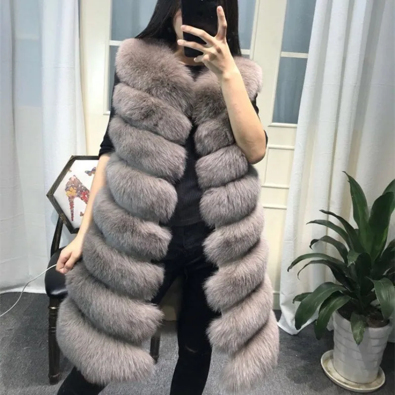 Womens Winter Fashion 2022 Natural Fox Fur Vest Real Fur Gilet 90CM Womens Real Fox Fur Vest Long Coat