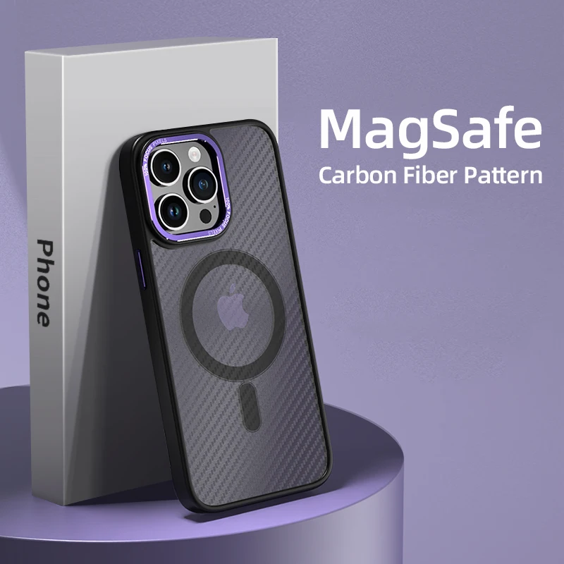 

Luxury Carbon Fiber Matte Phone Case For iPhone 14 13 12 11Pro Max Magnetic Magsafe Wireless Charging Metal Silicone Hard Cover