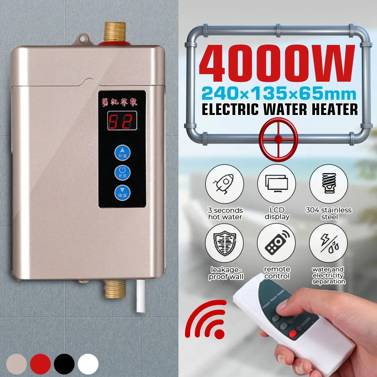 US/EU Plug 4000W Electric Tankless Instant Hot Water Heater Kitchen Bathroom Shower Sink Tap Thermostat