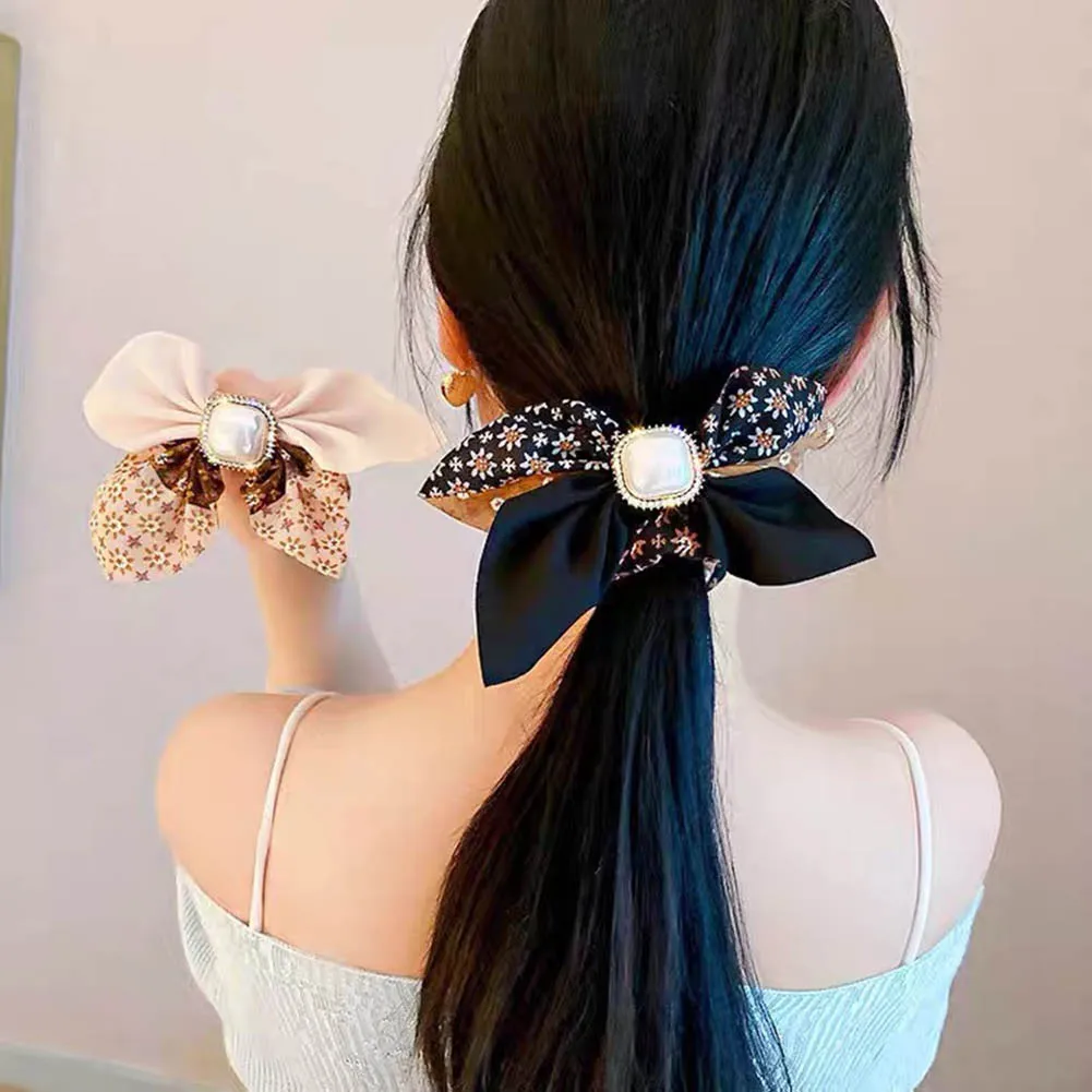 

Diamond-Studded Pearl Floral Bow Bow Large Intestine Hair Ring 2022 Super Fairy Headdress Girl Sweet Heart Hair Accessories