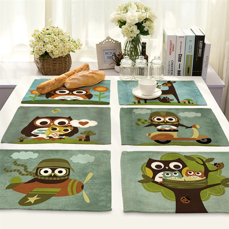 

Cartoon Owl Print Dining Table Mat Cotton Linen Coaster Pad 42x32cm Bird Animal Kitchen Placemat Heat Insulation Coffee Mats