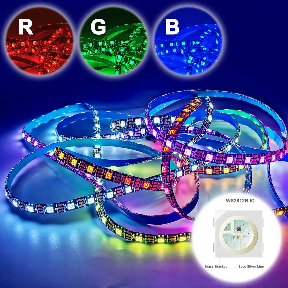 Фото Светодиодная лента DC5V WS2812B с индивидуальной адресацией 5050 RGB Smart Pixels Magic Strip Черно-белая печатная плата Водонепроницаемая IP30 65 67 №5