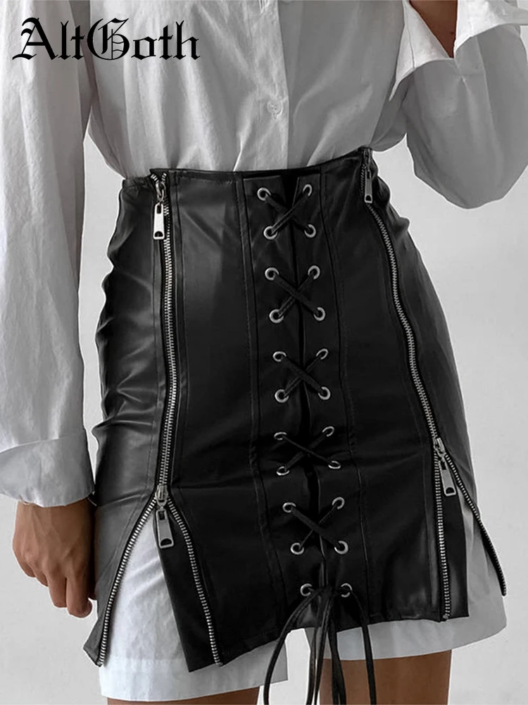 

AltGoth Mall Goth Streetwear Pu Skirt Women Cyber Y2k High Waist Bandage Zipper Mini Skirt Emo Alternative Grunge Indie Clothes