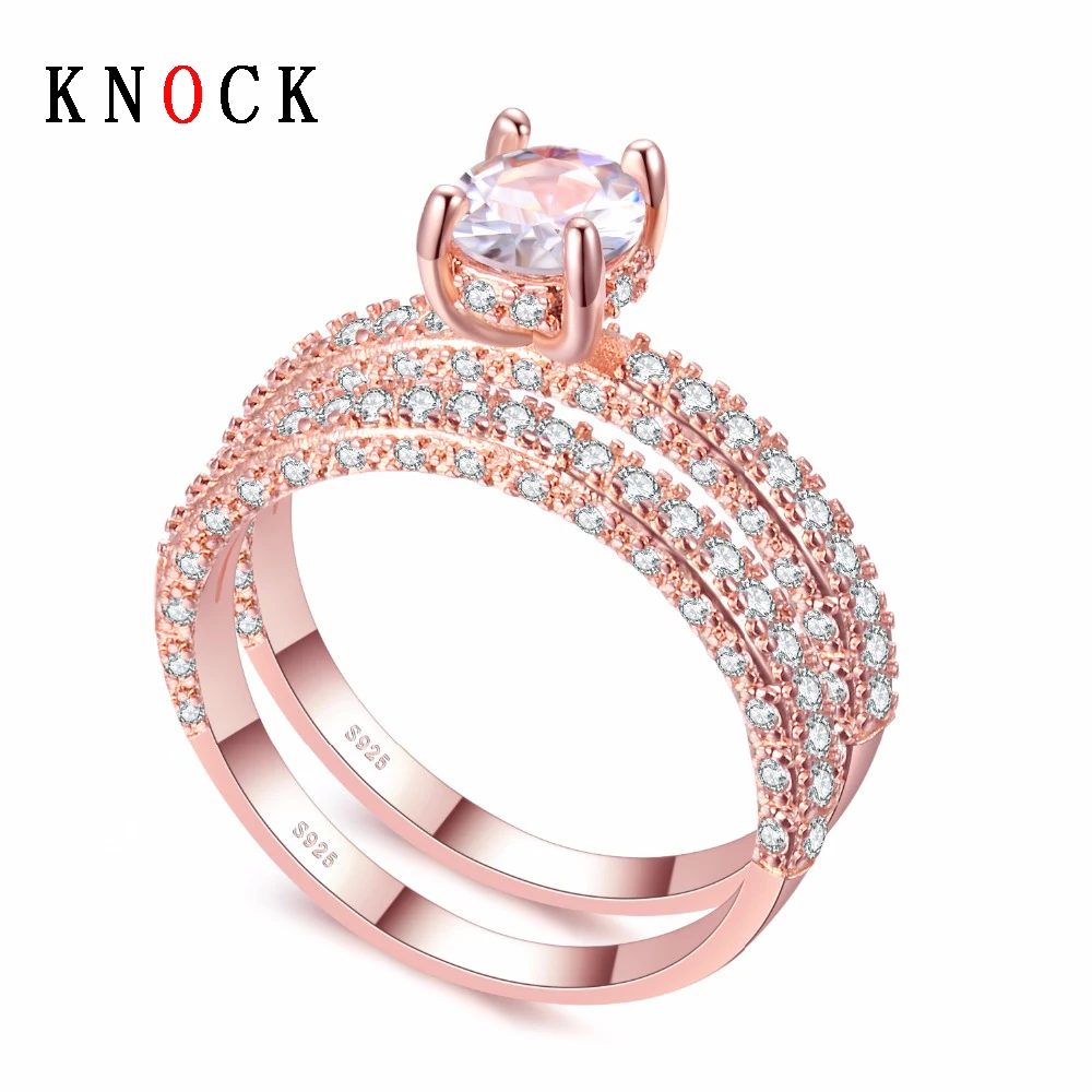 

KNOCK Fashion High Quality AAA Cubic Zirconia Rose Gold Double Ring Engagement Wedding Rings For Women Gift Rings