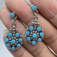 bohemian round inlaid blue stone earrings vintage silver color metal hollow flower drop earrings for women jewelry 2022