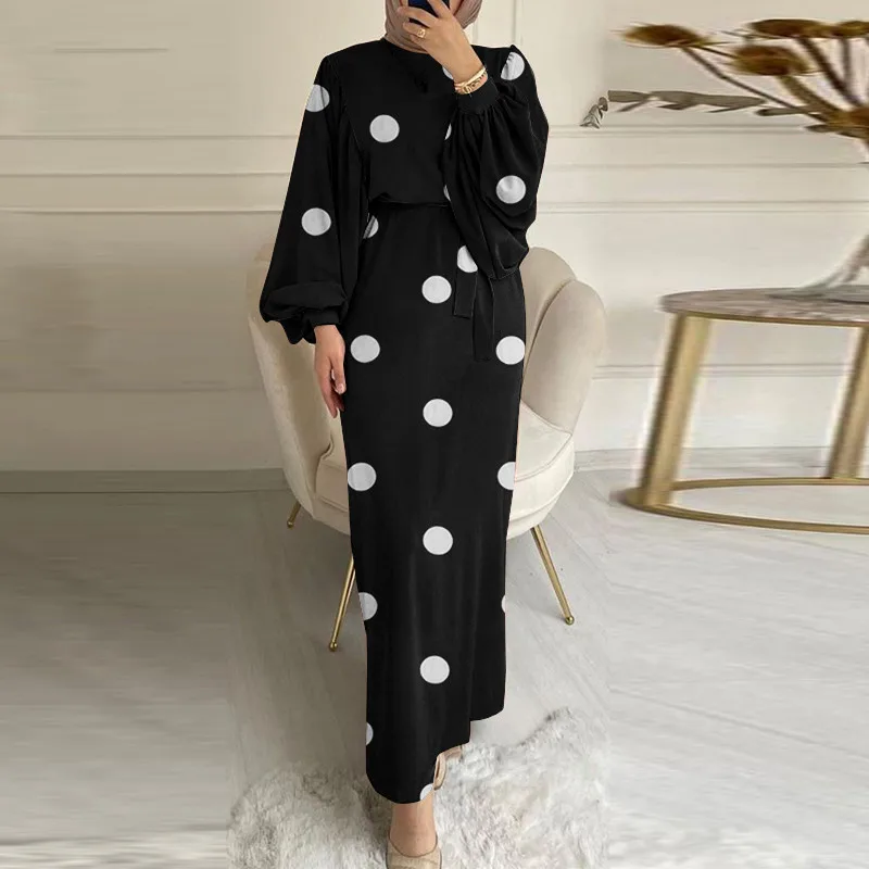 Muslim Dress Casual Long-sleeved Robe Retro Printed Polka-dot Sundress Muslim Dress Women  Abayas for Women Dubai Abaya Dress