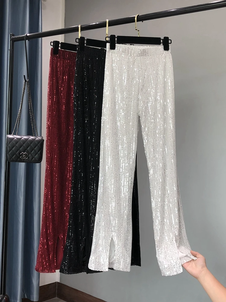 

The New Women's Fashion Shining White Trousers Show Tall Waist Sequins Flares Pants 2023