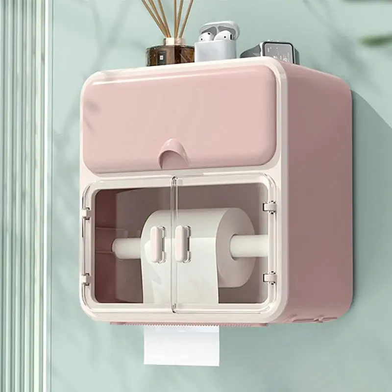 

Wall Mounted Tissue Box Holder Adhesive Bothroom Tissue Roll Holder Wall Mount Easy Installation Storage Box for Bathroom Kitche