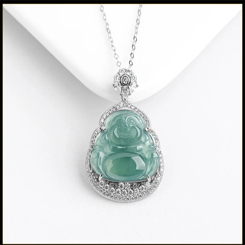 

Jiale/hand-carved/925 Silver Inlaid Natural Jade Blue Water Maitreya Buddha Emerald Necklace Pendant Men Women Couples Amulet