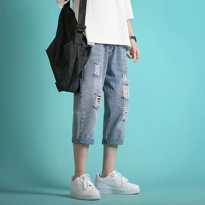 Summer Blue Ripped Jeans Men Slim Fashion Casual Straight Jeans Men Streetwear Hip Hop Hole Denim Pants Mens Cropped Pants