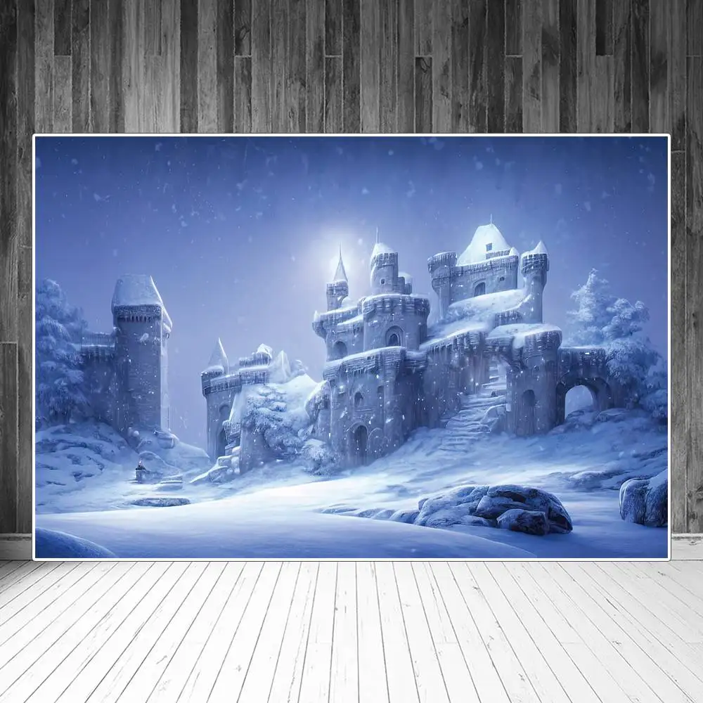 

Frozen World Ancient Castle Backdrops Photography Party Decoration Winter Snowy Night Custom Children Photocall Background Props