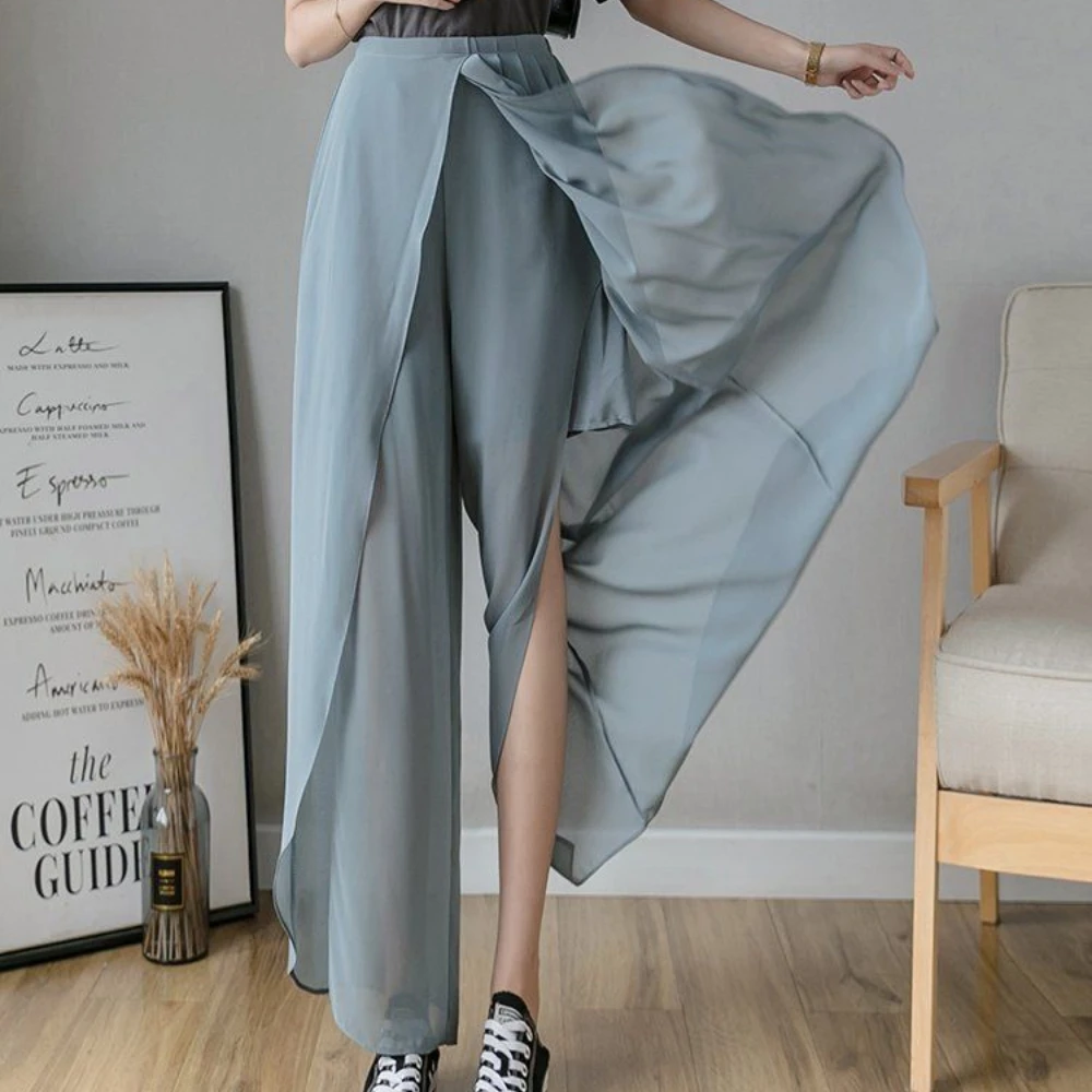 

Fashion Women's Trousers Chiffon Wide Leg Pants Slit Culottes High Waist Cheap Wholesale Dance Cropped Pants Free Shipping New