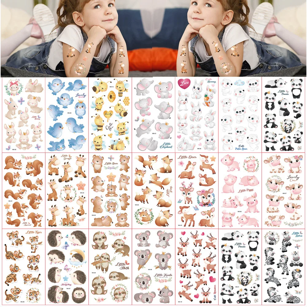 

Children Cartoon Pet Fake Tattoo Stickers Cute Panda Deer Bee Animal Tatto Colored Temporary Tattoos for Kids Face Arm 12.6.8CM