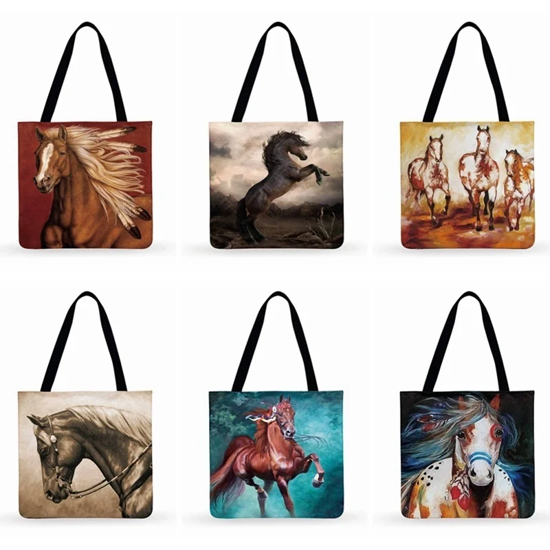 

Modern Art Animal Printed Tote Bag Running Horse Women Casual Tote Ladies Shoulder Bag Women Beach Tote Foldable Shopping Bag