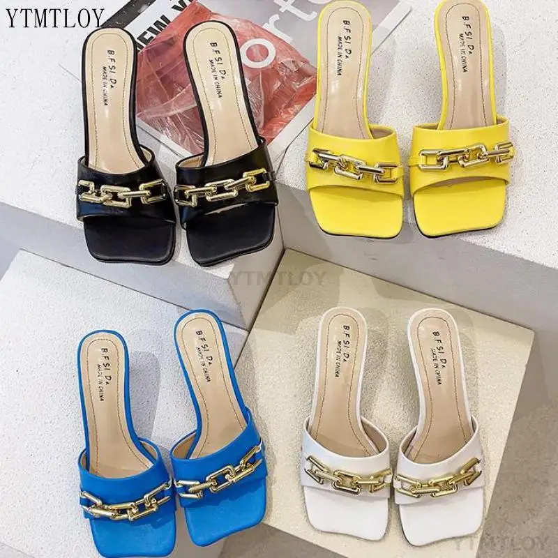 

2021 Summer Elegant Women's Slippers Fashion New Metal Chain Decoration High Heels Ytmtloy Sexy Zapatillas Casa Mujer 6