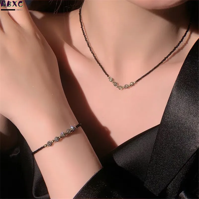 

Korean Design Feeling Black Crystal Woven Necklace Sweet Cool Personality Simple Neck Chain Pull Adjustable Bracelet Female