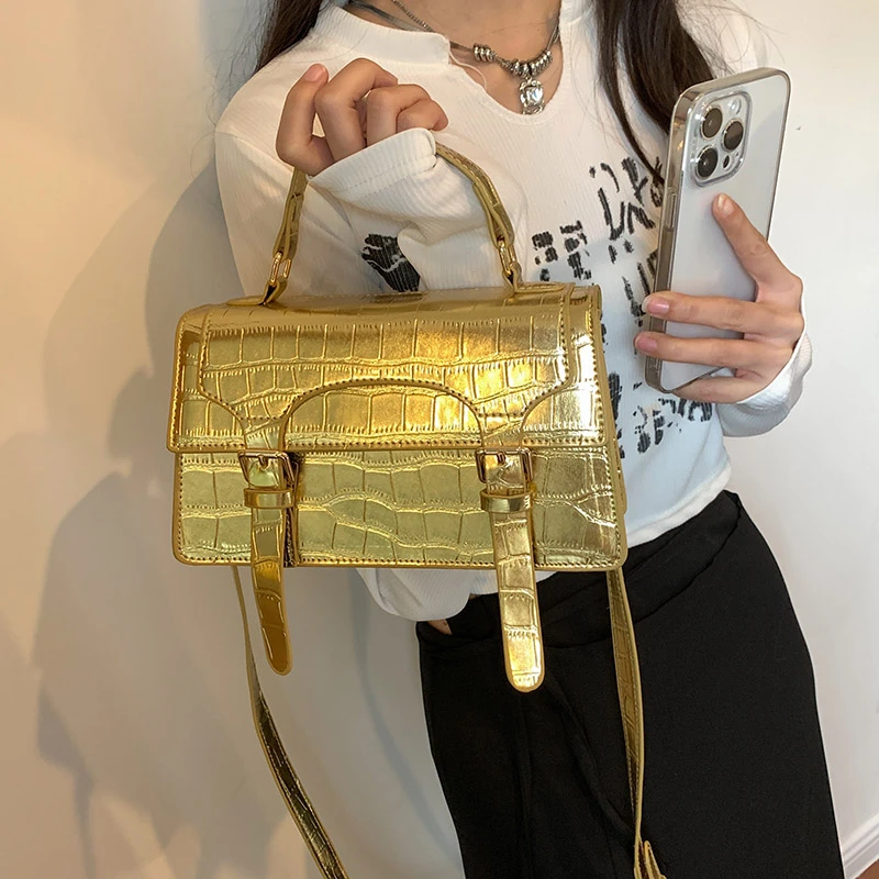 

Gold Stone Pattern Crossbody Bag For Women 2023 Trendy Designer Handbag Small Bag Soft Top Handle Pu Leather Shoulder Bag Femme