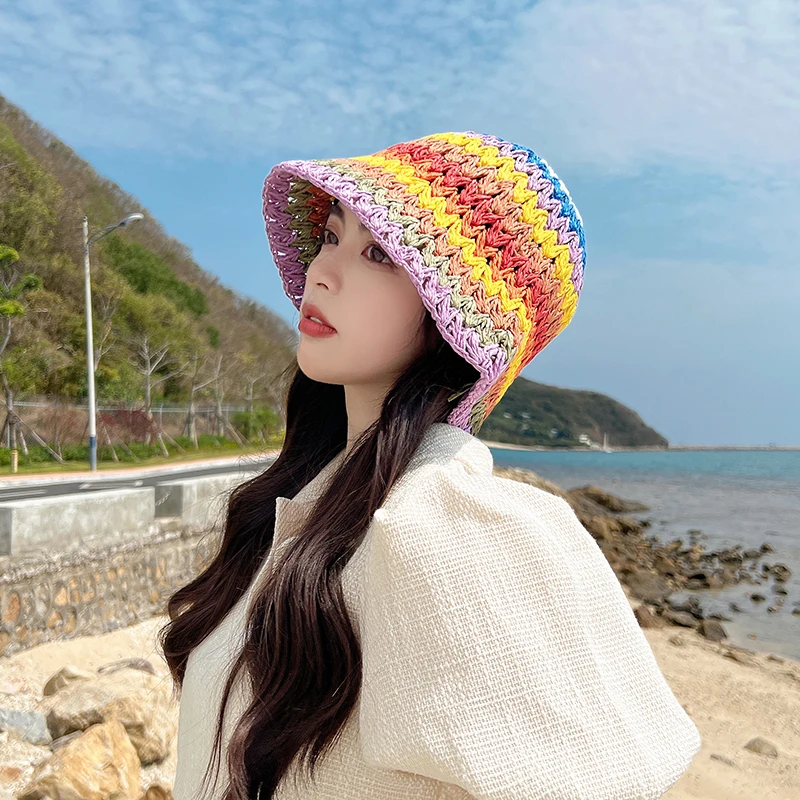 

Ladies Japanese Straw Handmade Rainbow Striped Crochet Bucket Hat Beach Bohemian Fisherman HatsHollow Breathable Basin Hat