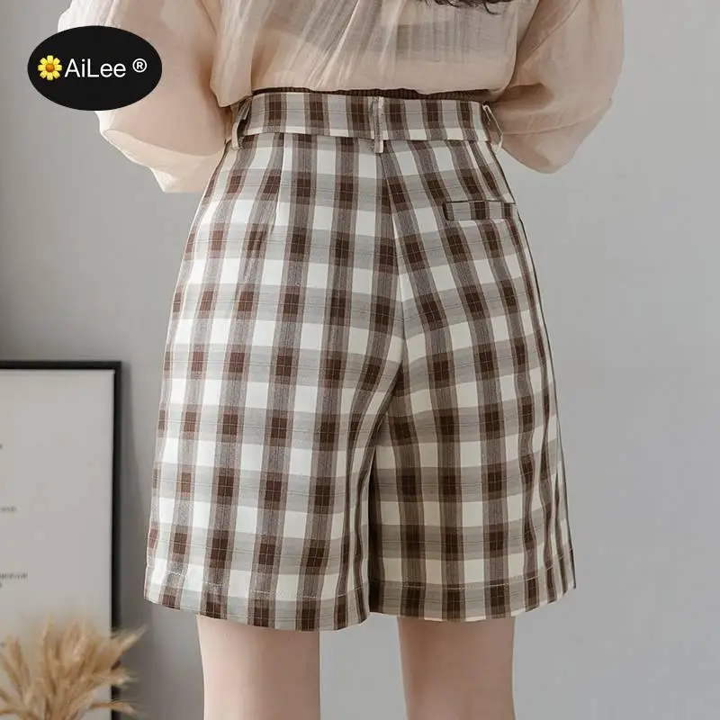 New 2021 Summer Autumn Women Shorts Wide Leg High Waist Fashion Plaid Girl Students Checkered Lady Shorts Holiday Vacation