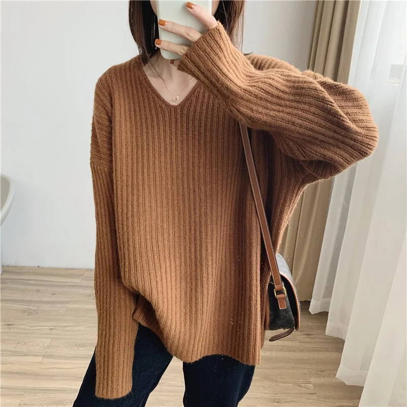 

Spring Autumn Women V Neck Sweater Vintage Loose Tops Ladies Long Sleeve Knitted Pullovers Female Comfortable Jumpers