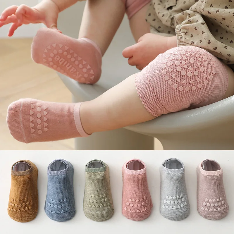 

1 Set 0-3Y Baby Socks With Knee Pads Solid Color Anti Slip Floor Socks Kid Crawling Safety Kneecap Protector Girls Boy Short Sox