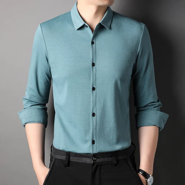 Top Grade Mulberry Silk 5.2% New Slim Fit Fashion Designer Brand Luxury Men Shirts 2023 Long Sleeve Plain Casual Mens Clothes 5