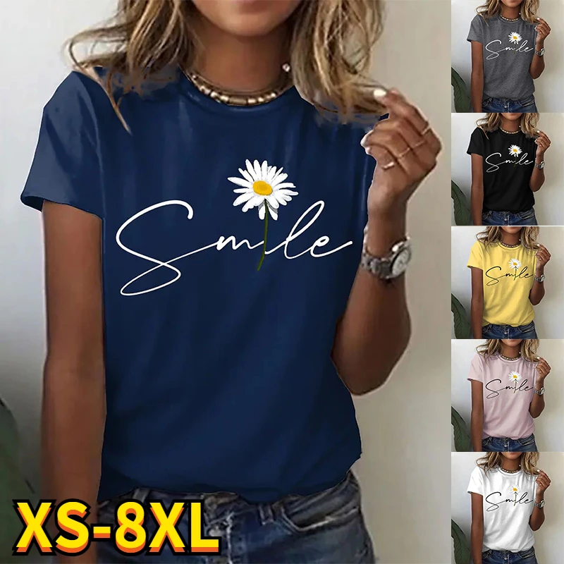 

2022 New Fashion Women's T Shirt Chrysanthemum Patchwork Print Round Neck Basic Tops White / 3D Letter Print Plus Size 8XL
