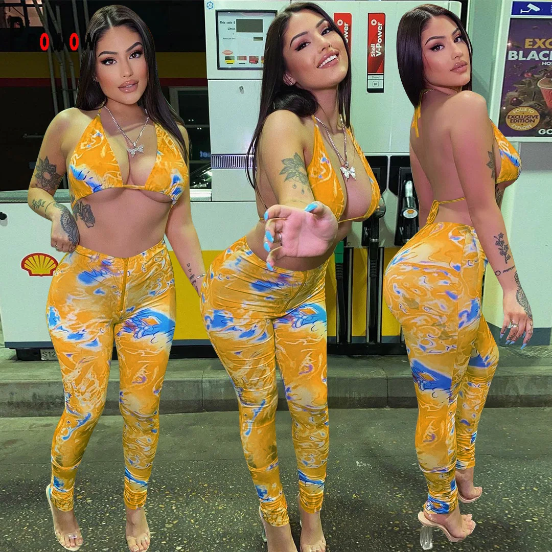 

Prowow Women Clothing Set Cropped Tops Zipper Pant Two Piece Matching Suits Summer Sexy Beachwear Print Outfit Skinny Clothes
