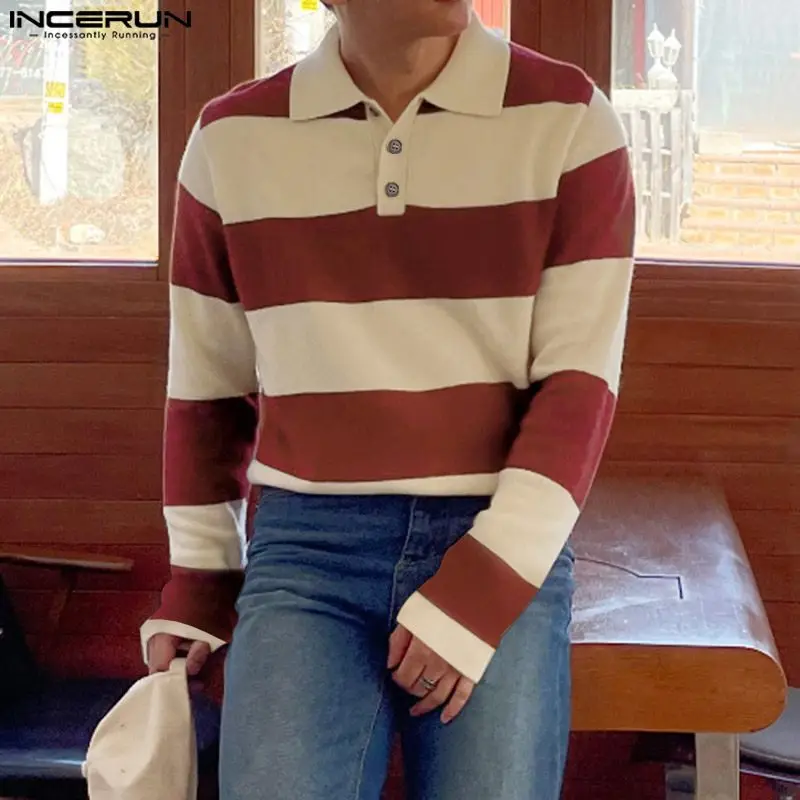 

Повседневная мужская рубашка INCERUN в полоску, уличная одежда с цветными блоками, отложным воротником и коротким рукавом, мужская одежда 2023, С...