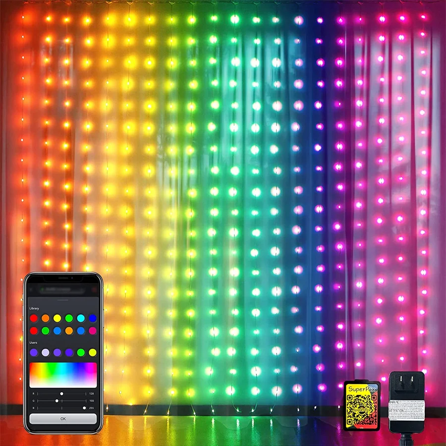 Smart RGB Window Curtain Light Outdoor Bluetooth APP Waterfall Curtain Light DIY Party Holiday Christmas Decor Garland Light