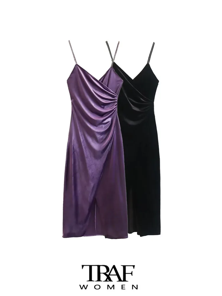 

TRAF Women Fashion Front Slit Pleated Velvet Midi Dress Vintage Backless Thin Rhinestone Straps Female Dresses Vestidos