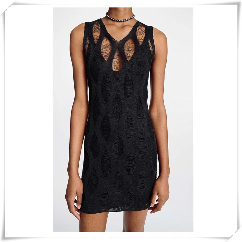 

DL Net Distressed V-neckline Custructed In A Delicate Knit Female Mini Dress Woman Hollow Out High-quality Dress