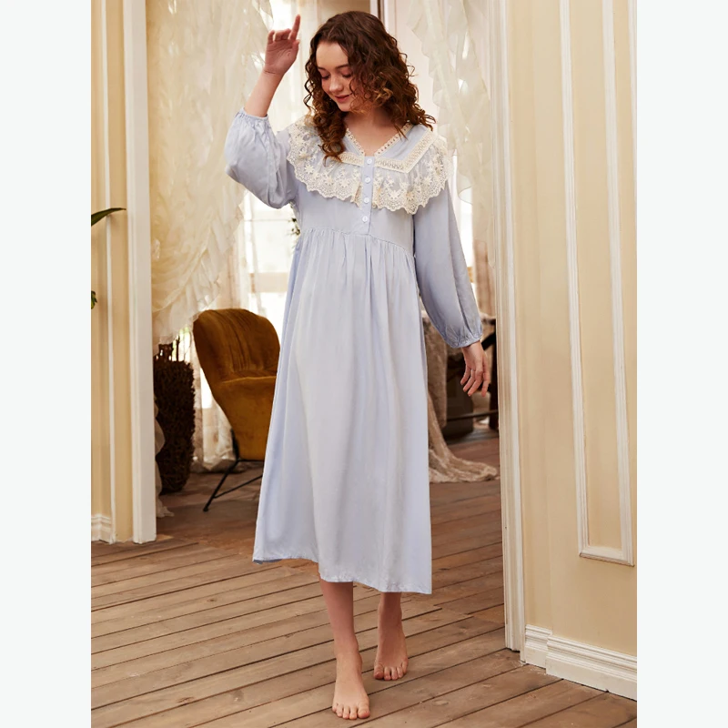 MAYMOLI Comfortable Women's Pajamas Lace Button Decoration Night Dress Women Sleepwear Loose Long Sleeves Luxury Nightwear