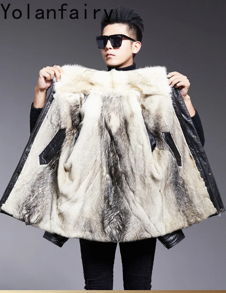 YOLANFAIRY мужская куртка из натуральной воловьей кожи с натуральным мехом волка