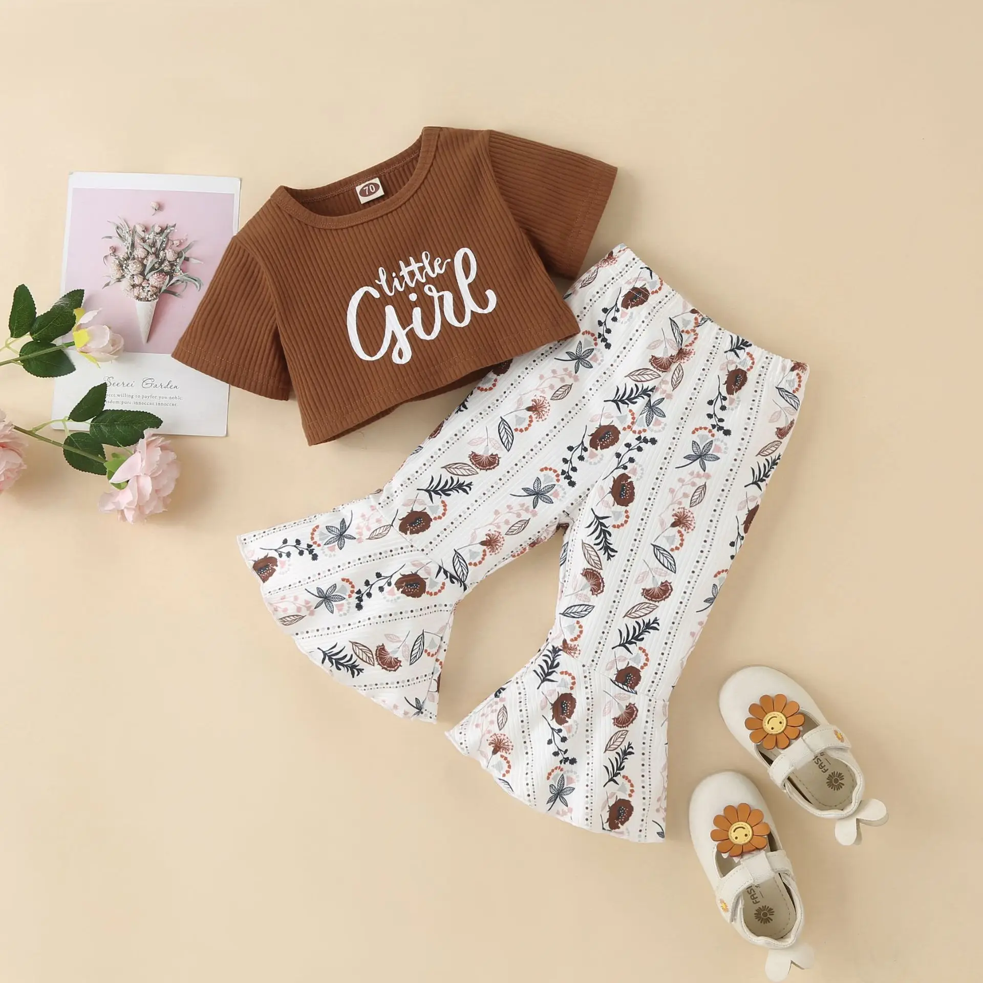 

Комплекты одежды для новорожденных девочек, футболка с буквенным принтом, топы, расклешенные брюки, штаны, повседневная одежда для младенце...