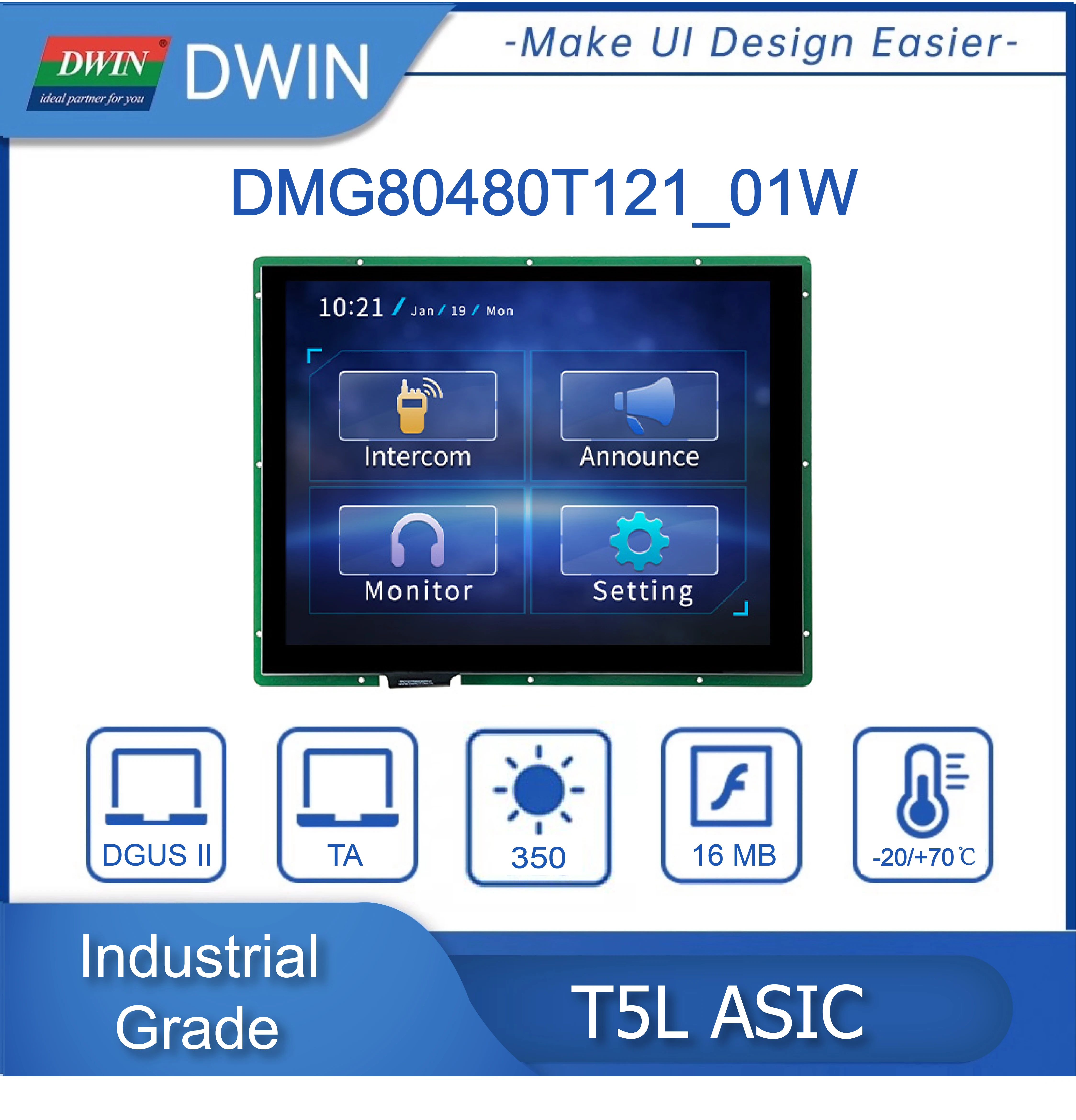 

DWIN 12.1 Inch 800x600 TFT LCD HMI Display Module TN TTL/RS232 Capacitive Resistive Touch Screen DMG80600T121_01W