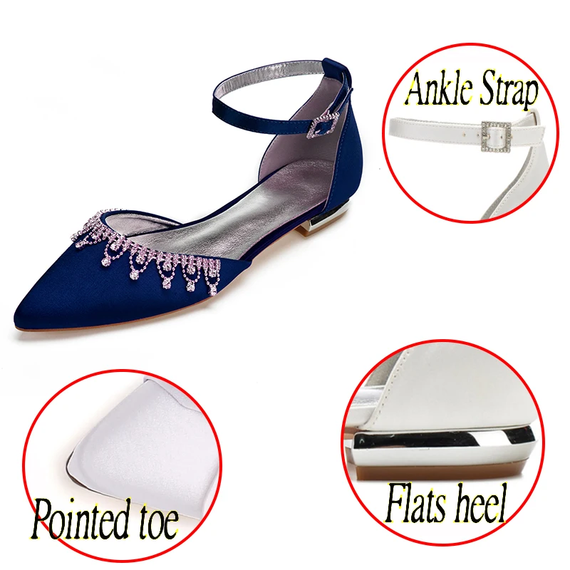 Женские атласные туфли на плоской подошве с ремешком щиколотке и острым носком