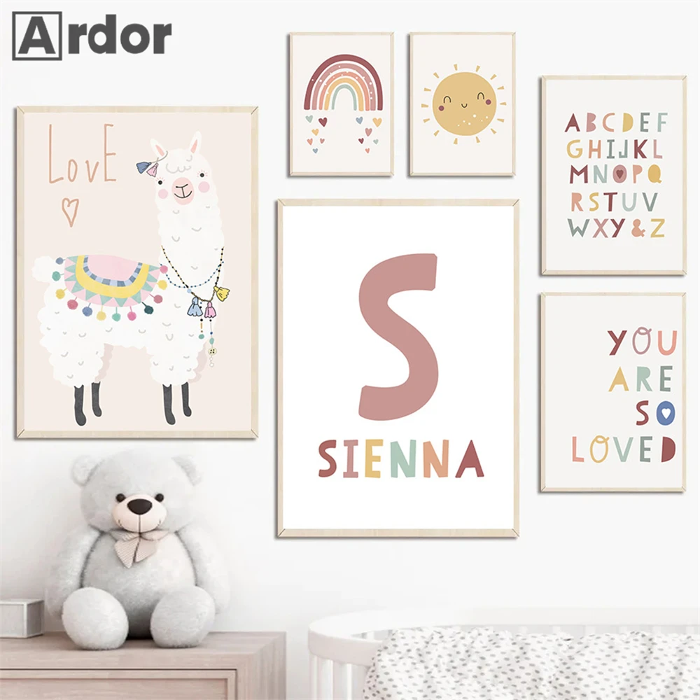 

Alphabet Posters Alpaca Canvas Painting Custom Name Wall Art Print Sun Rainbow Poster Nursery Wall Pictures Kids Room Decoration