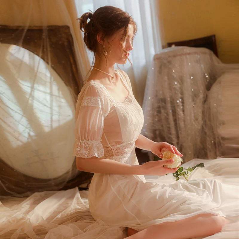 Lingerie Women's Nightgown Sexy Mesh Perspective Sweet Long Skirt Short-sleeved Nightdress Girl Home Wear Underwear Pajamas Sexy