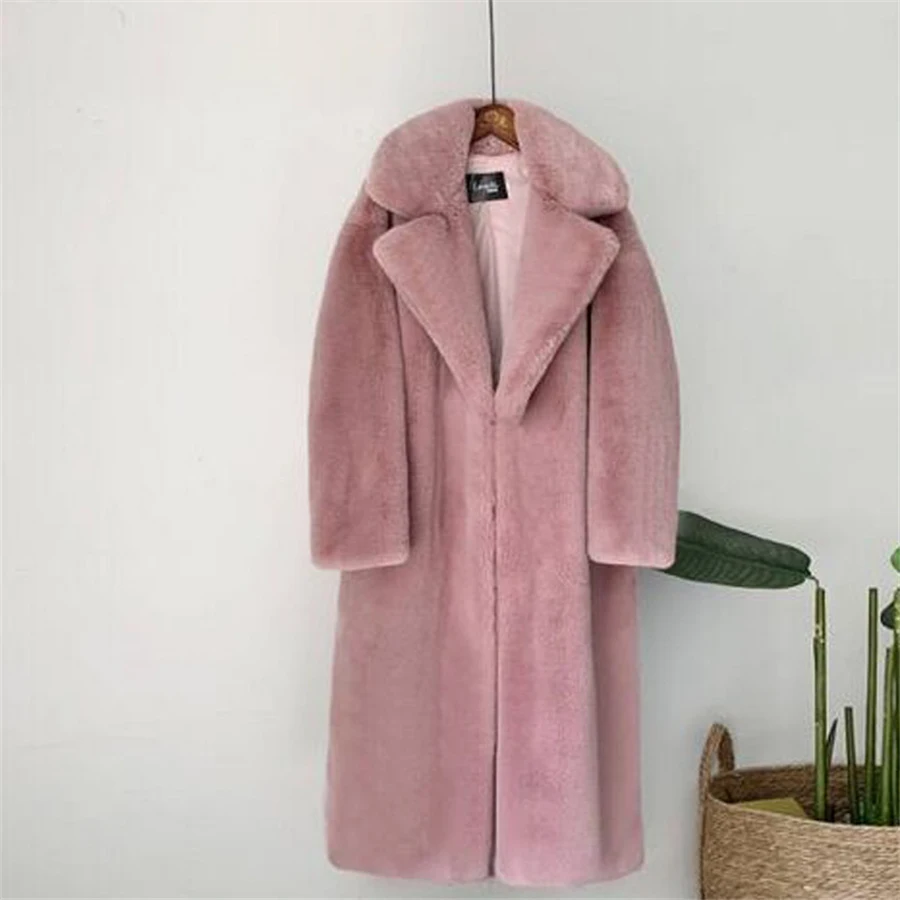 Winter Faux Mink Rabbit Fur Long Coat Women Without Belted Warm Thicken Overcoat Soft Plush Outwear Luxury Jackets Korean Top
