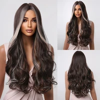 mixed dark brown gloden blonde synthetic wigs natural wave long wigs for black women afro heat resistant middle part fake hair