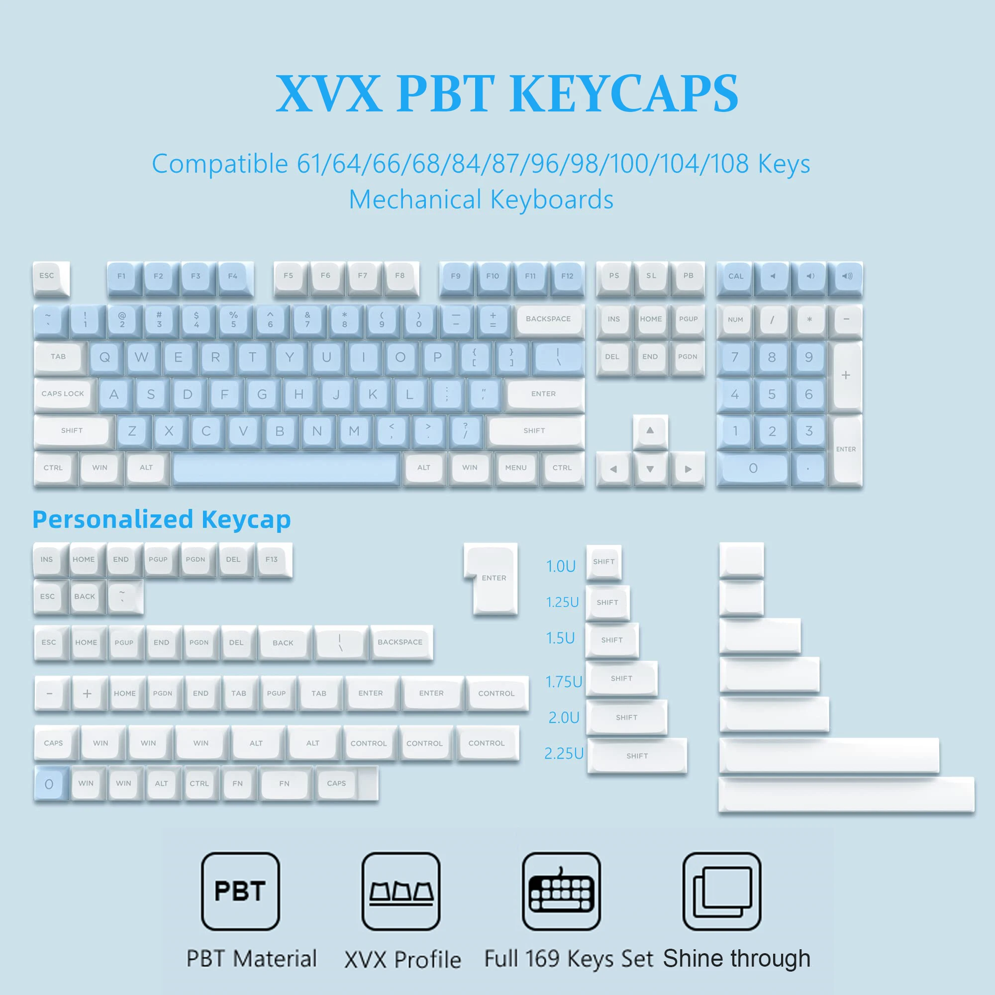 

Double Shot PBT Keycaps XVX Profile 169 Keys Shine Through Key caps for 60% 65% 70% 100% Gateron Cherry MX Switches Keyboards